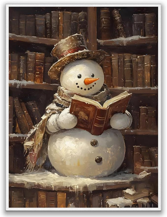 Cute Snowman Reading Book Art posters Christmas Canvas Print Wall Art Christmas Prints Winter Wall Art Snowman Decor Academia Art Holiday Decor 11x14 Unframed