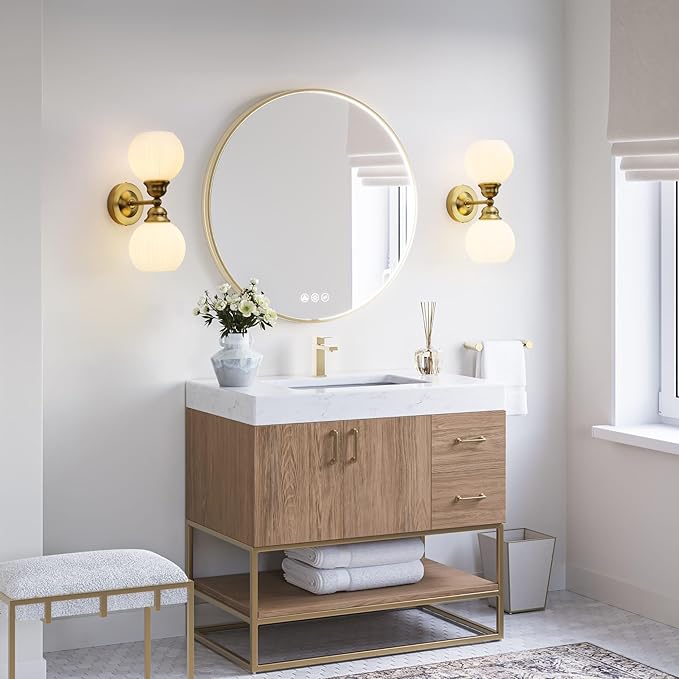 Pathson 2-Light Milk White Wall Sconces Striped Glass, Modern Bathroom Sconces Wall Vanity Light Fixtures Brass Finish, Vintage Wall Sconce Lamp for Mirror Living Room Bedroom Farmhouse Lighting