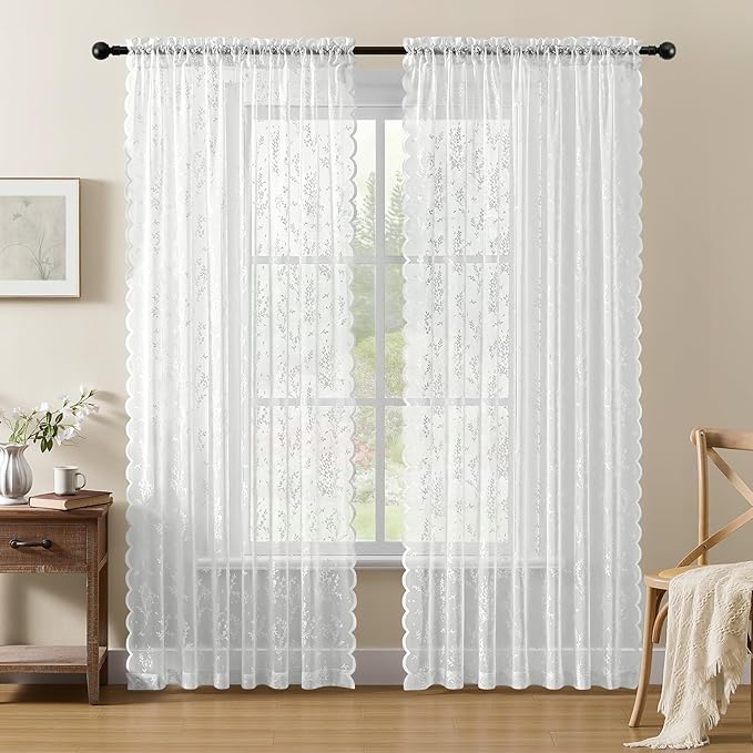 Sheer Lace Curtains 63 Inches Long, Vintage Floral Light Filtering Ivory Lace Curtains for Living Room & Bedroom, Rod Pocket, 2 Panels Set, Sprig Pattern (Ivory, 52" W x 63" L)