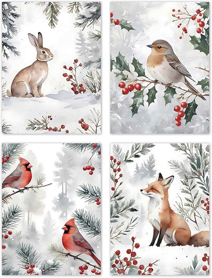 TLESKE Winter Christmas Woodland Animals Posters Prints Unframed Set of 4 for Home Bedroom Living Room Nursery, Snowy Forest Jungle Wall Art Prints Decor, Hare Rabbit Bunny Fox Birds Cardinal Wall Pictures, 12x16
