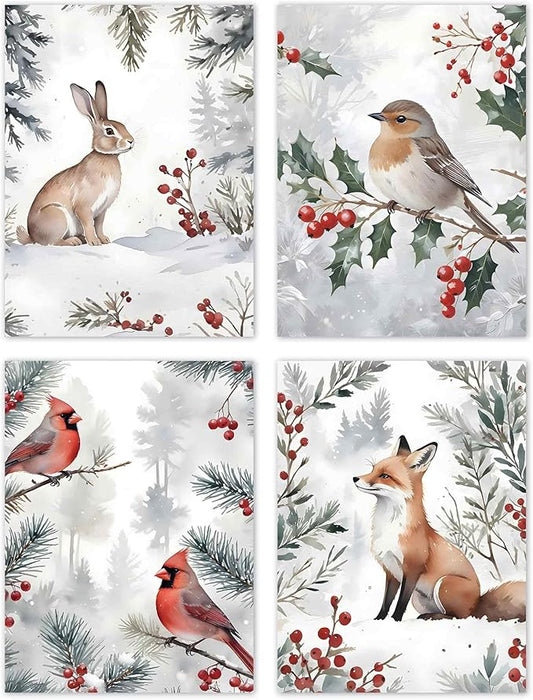 TLESKE Winter Christmas Woodland Animals Posters Prints Unframed Set of 4 for Home Bedroom Living Room Nursery, Snowy Forest Jungle Wall Art Prints Decor, Hare Rabbit Bunny Fox Birds Cardinal Wall Pictures, 12x16