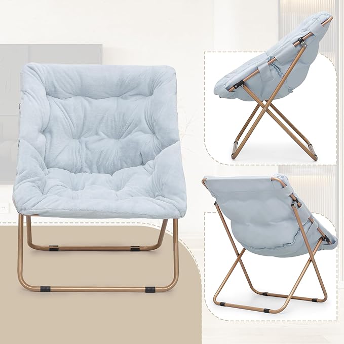 Athena Collection Saucer Chair for Adult, Square Comfy Cozy Chair Folding Chair Faux Fur Metal Frame Foldable Reading Chair Accent Chair for Bed Room Living Room Set of 2, Blue