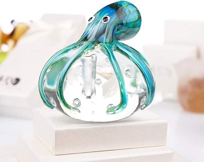 QFkris Qf Handmade Octopus Blown Glass Figurine Gift for Christmas, Birthday Home Decor Blue-Green Paper Weight