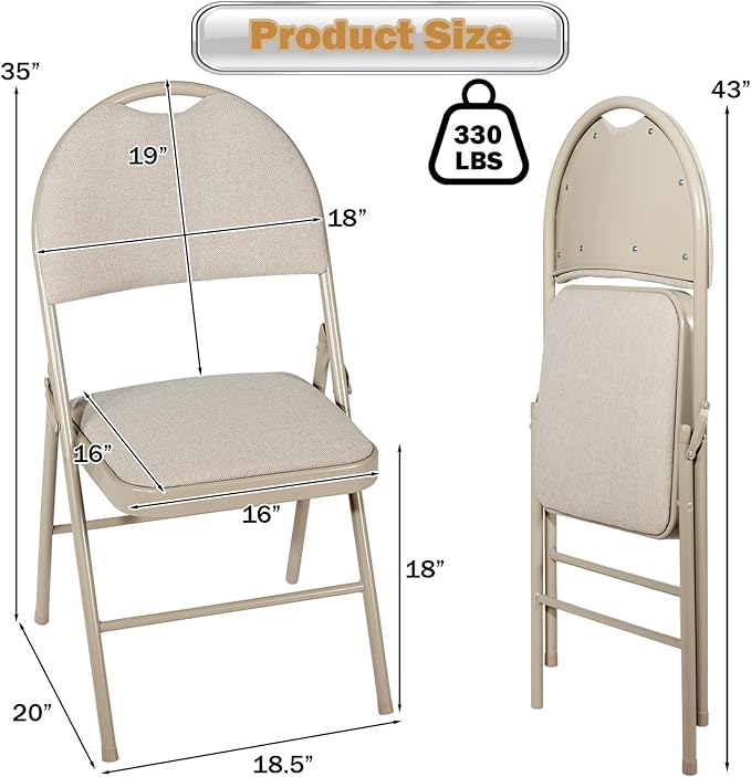 POWERSTONE Folding Chairs 6 Pack, Foldable Chair Set with Padded, Handle Hole and Metal Frame Dining Chair Set for Indoor and Outdoor, School, Office and Garden Party (Beige)