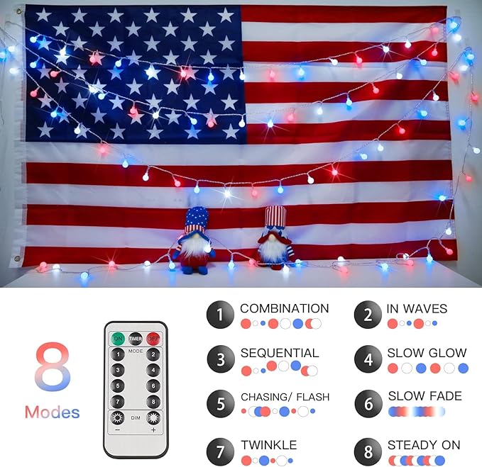 suddus Fairy Lights, 50 Led Battery Powered String Lights, Globe String Lights for Flag, Backyard, Patio, Garden, Party, Bedroom, Living Room, Classroom, Christmas, Red White and Blue
