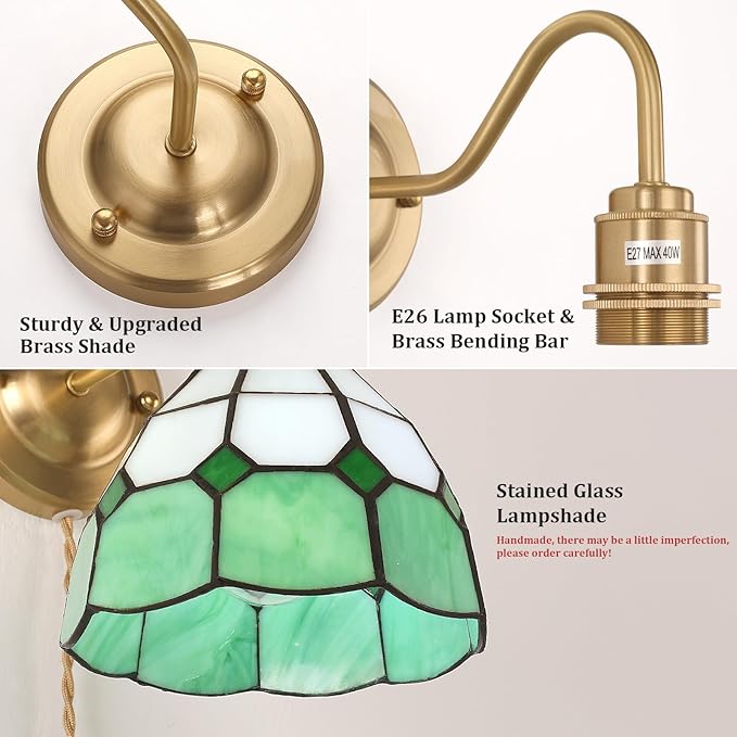 Plug in Wall Sconces Set of 2, Vintage Wall Lamps with Green White Checker Stained Glass Shade, Brass Lights Fixture Decor for Bedroom Bathroom Living Room Hallway