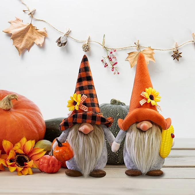 CRCZK Fall Gnomes Plush Decor, 2Pack Thanksgiving Buffalo Plaid Gnome Plush Tomte Swedish Gnomes with Pumpkin Corn Sunflower, Fall Harvest Gnomes Decor Thanksgiving Autumn Holiday Home Decor Gifts