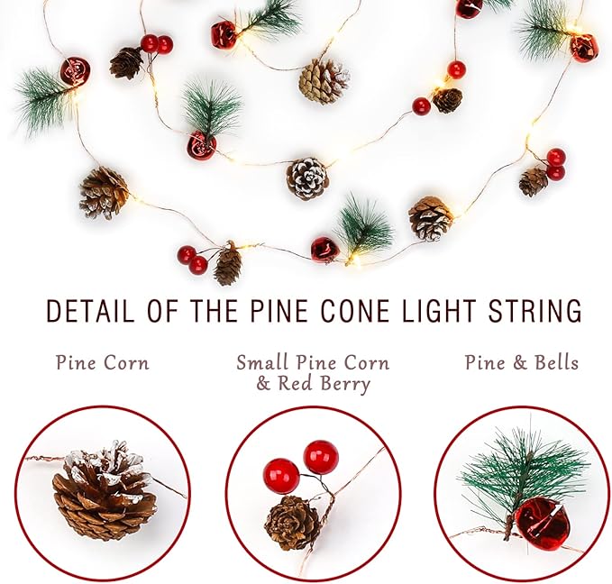 10FT Enchanting Christmas Garland with 30 LED Lights Battery Operated-Realistic Red Berries & Pine Cones Decor for Tree,Fireplace Mantel,Indoor Holiday Home Decor (9.8Ft)