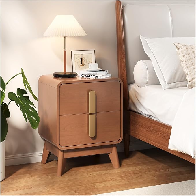 Nights tand Set 2, Mid Century Modern Bedside Table with Drawers, Curved Profile Design End Table with Metal Handle, Nightstand Set of 2 with Storage, Bed Side Tables for Bedroom, Cherry