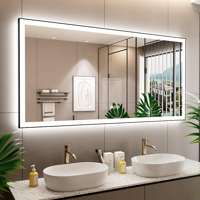 60x30 Inch LED Bathroom Mirror with Black Frame, Backlit and Front Lighted Bathroom Mirrors for Wall, Anti-Fog, Dimmable, Memory, Shatterproof, LED Vanity Mirror for Bathroom