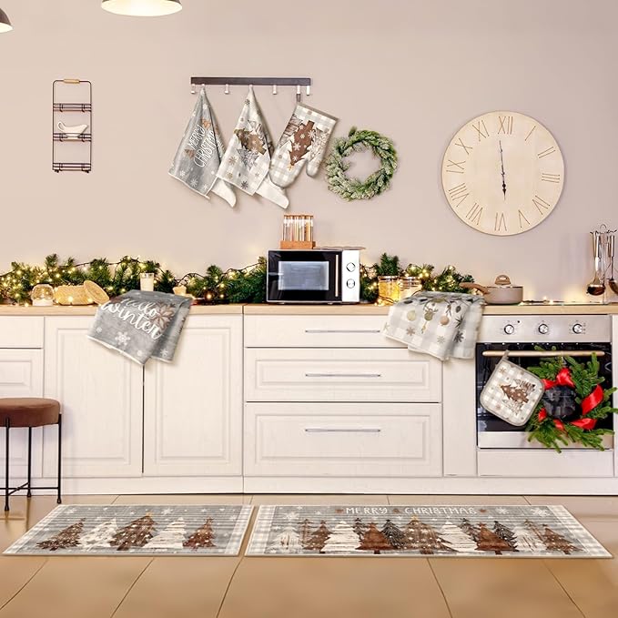 10 Pcs Christmas Kitchen Decor Set Kitchen Towels and Rugs Oven Mitts Pot Holders Absorbent Towels for Baking Cooking BBQ Gifts Home Decor(White and Gray,Original Wood)