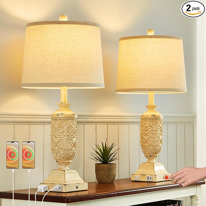 26.5" Farmhouse Table Lamp Set of 2, 3-Way Dimmable Touch Control Bedside Lamps Vintage Rustic Side Table Nightstand Lamps for Bedroom Living Room Study Room