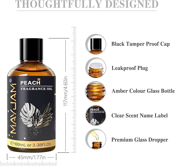 MAYJAM 100ML/3.38FL.OZ Peach Fragrance Oils with Glass Dropper, Essential Oils for Diffusers for Home, Long Lasting Scented Oils for Diffusers Soap Candle Making