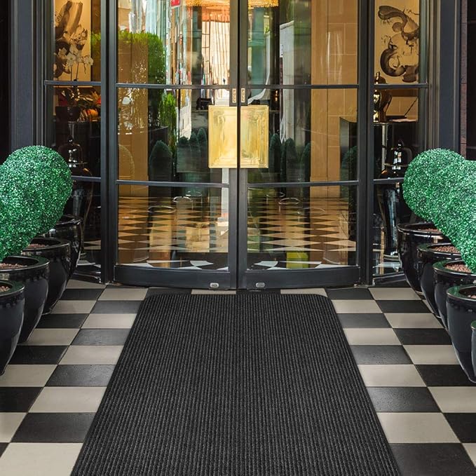 House, Home and More Indoor Outdoor Double-Ribbed Carpet Runner with Skid-Resistant Rubber Backing - Smokey Black - 4 Feet x 40 Feet