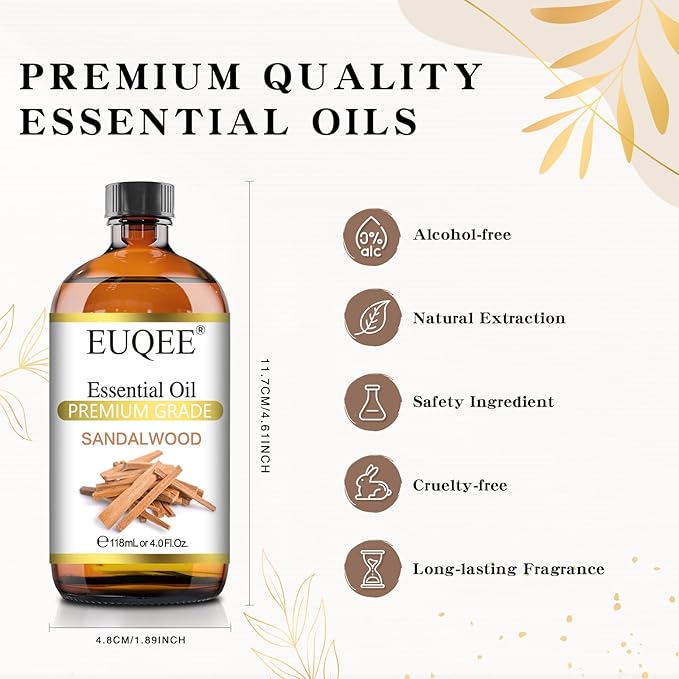 EUQEE Sandalwood Essential Oil(4 oz/118 ml) Sandalwood Oil Oil with Glass Dropper, Great for Diffusers, Soap & Candle Making