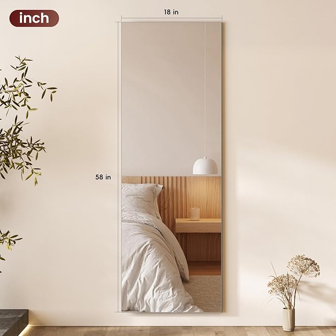 Kosmonia 56x18 Frameless Full Length Silver Coating Mirror w/Distortion Free, HD Reflection &Anti Desilvering, Tempered Glass & Shatter Proof Film Doubling Safety, Easy Setup w/Stand, Wall/Standing