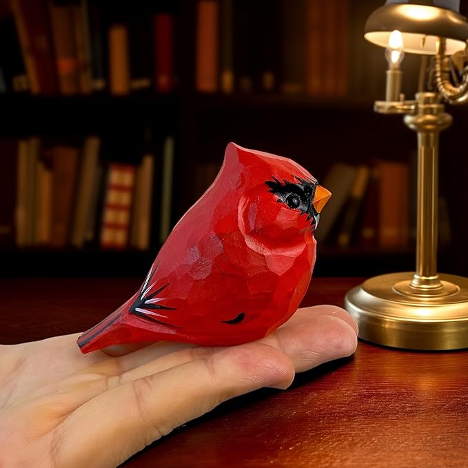 Wooden Bird Figurines Funny Desk Accessories Hand Carved Wood Decorative Small Birds Animal Miniature Statues Ornament for Home Room Decor (Red)