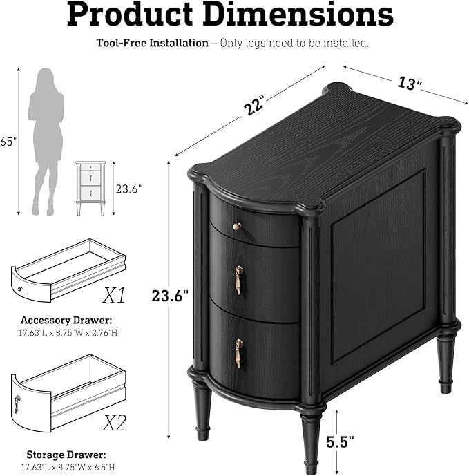 STO'SENSE Nightstand w/Charging Station & 3 Drawers, Pre-Assembled, Vintage Side Table w/Antique-Finished Pulls, Rustic Wood Finish, Narrow End Table w/Turned Legs for Bedroom (1, Black)