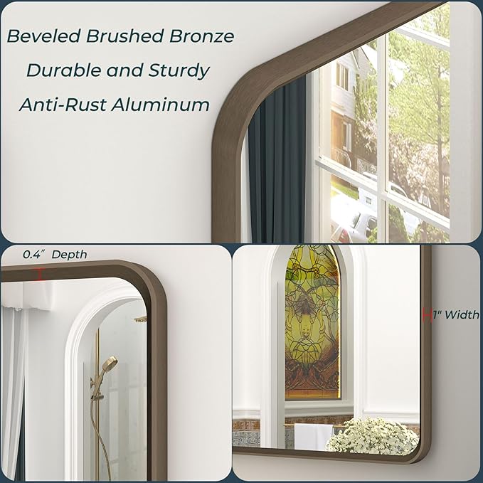 OKPAL 30x36 Bronze Bathroom Wall Mirror, Modern Brushed Metal Framed Mirror for Vanity, Bronze Rounded Rectangle Mirror, Anti-Rust, Tempered Shatterproof (Horizontal/Vertical)