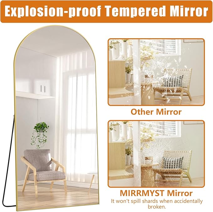 Arched Full Length Mirror, 76"x34" Oversized Floor Mirror Free Standing, Gold Mirror Full Length with Tempered Glass, Full Body Mirror for Bedroom Living Room Gym