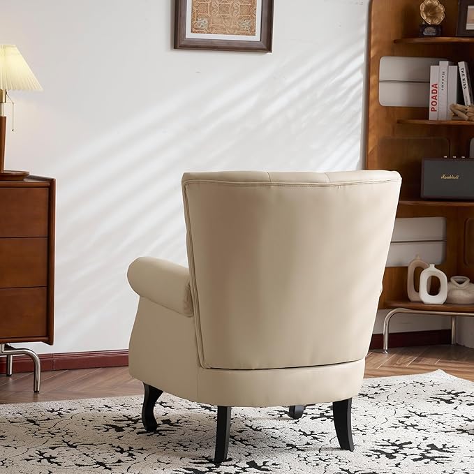 Modern Faux Leather Accent Chair, Upholstered Mid-Century Armchair with Solid Wood Legs, Single Sofa Chair for Living Room, Bedroom, or Reading Room(Ivory White)