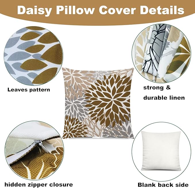 COMMINY Brown Grey Pillow Covers 18x18 Set of 6 Decorative Daisy Flower Throw Pillow Cover for Couch Modern Coffee Pillow Case for Patio Living Room Cushion Bed Farmhouse Home Decor