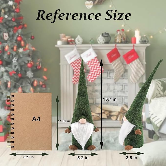 Christmas Gnomes Decorations,16in Handmade Swedish Gnome, Yule Santa Nisse, Nordic Figurine, Plush Elf Toy, Thanksgiving Day Gift Tomte Swedish Gnome Doll for Table Ornaments (Green)