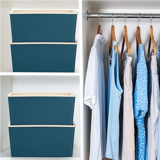 Menkxi 4 Pcs Storage Bins with Lids Plastic Containers Stackable Storage Box Baskets for Organizing Shelves(Blue,Small)