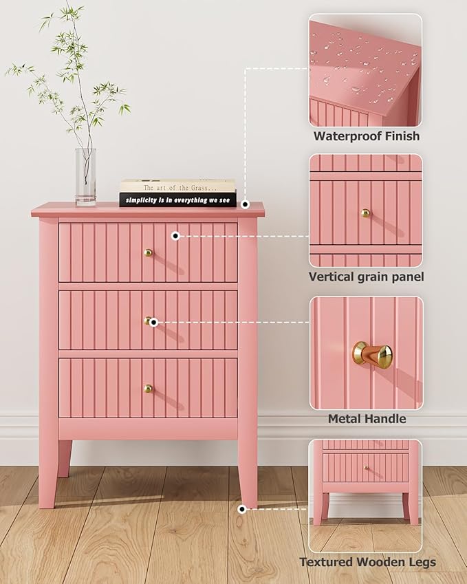 Fluted Nightstand, Farmhouse Night Stand with 3 Drawers, Mid Century Modern Side Accent Table,Bedside End Table for Bedroom, Living Room, Pink