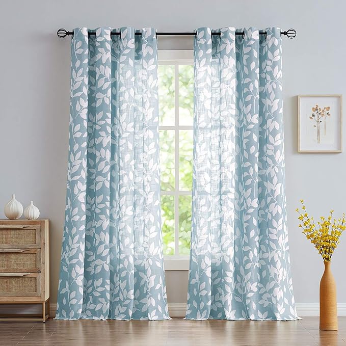Blue White Curtains for Studio Living Room 54" Length Leaves Print Semi-Sheer Curtain Panels for Kitchen Window, Grommet Top, 2 Pack