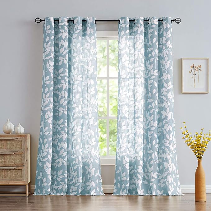 Blue White Curtains for Living Room 63" Length Leaves Print Semi-Sheers Curtains for Windows, Grommet Top, 2 Pack