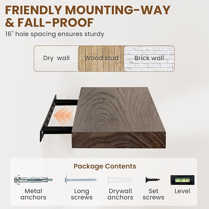 Wood Floating Shelves for Wall, 24" Floating Shelves Wall Mounted, Rustic Old Elm Wood Shelves for Home Decor, Heavy-Duty Storage Shelves for Books, Bathroom, Kitchen, Walnut Color, Set of 2