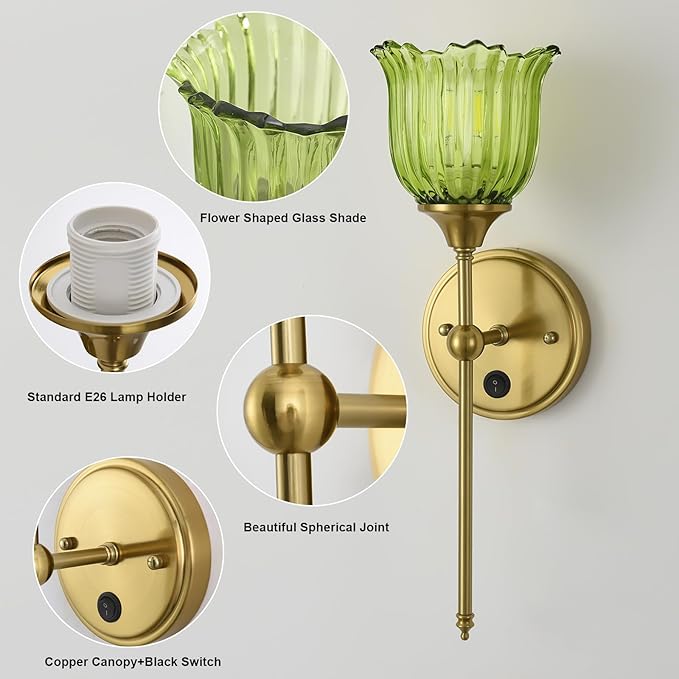 Modern Wall Sconces with Green Flower Glass Shade 1 Pack, Mid Century Bathroom Vanity Wall Light Fixtures Gold Vintage Wall Lights with Switch for Mirror Bedroom Living Room