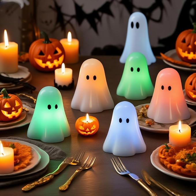 Wondise Halloween Flameless Candles Color Changing with Remote Timer, Real Wax Battery Operated Flickering Halloween Spooky Ghost Candles for Halloween Decoration Gift (D 3" x H 3.5")