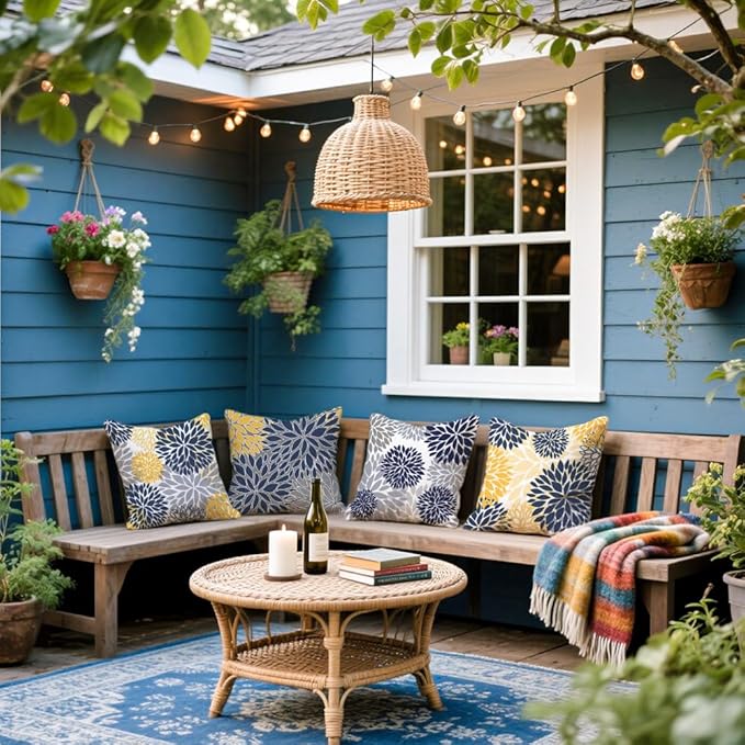 Cirzone Outdoor Pillow Covers 18x18 Set of 4 Morden Blue Flower Patterns Waterproof Throw Outdoor Pillows Boho Decorations for Funiture Patio Garden Home