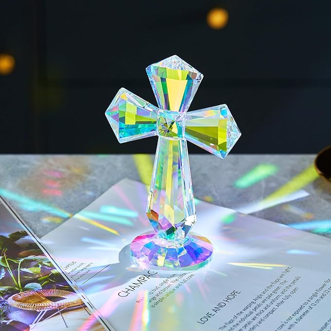 Crystal Standing Cross Decor, Easter Christmas Decoration for Pary,Religious Gifts for Women Men, Handmade Glass Holy Collectible Figurines (Multicolor Crystal Cross)
