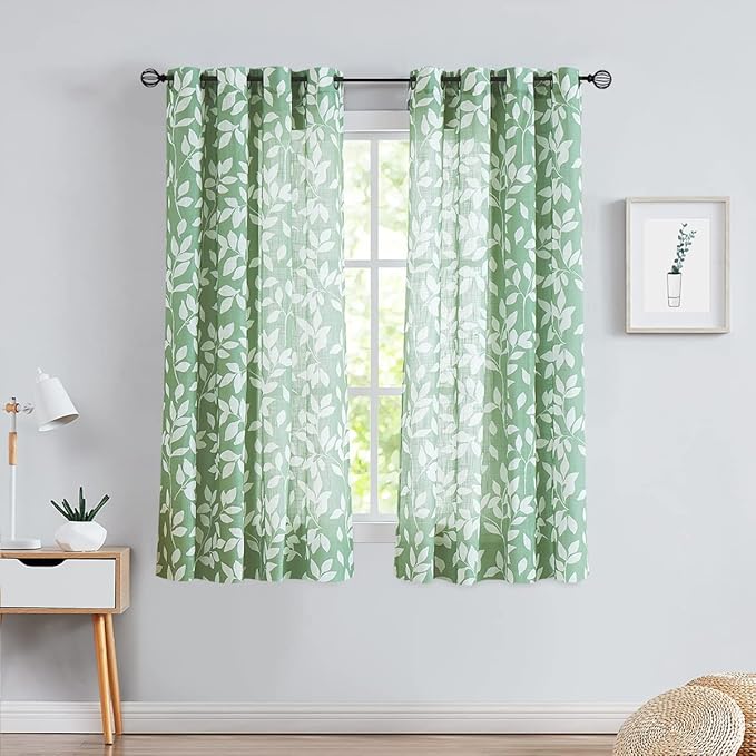 White Green Print Curtains for Living Room 54" Long Olive Semi-Sheers Leaves Print Curtain Drapes for Windows, Grommet Top, 2 Pack