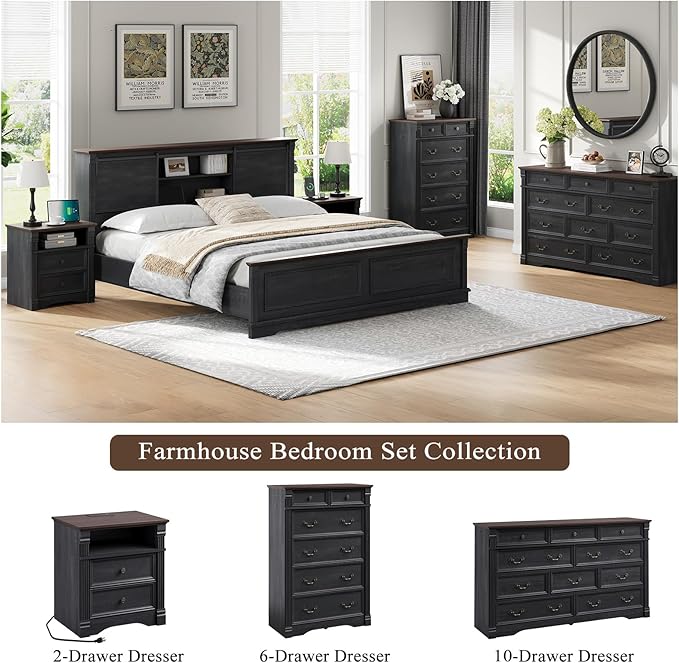 Yaamizz Farmhouse Nightstands Set of 2 with Charging Station, Table with Drawer and Storage Shelf, Wood Pilasters and Metal Handles, Vintage Design, Organizer for Bedroom, Hallway, Black