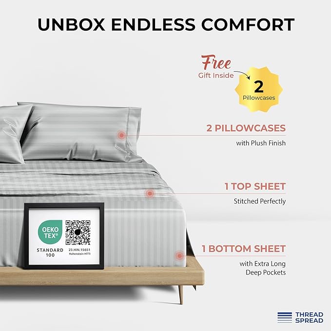 THREAD SPREAD 100% Egyptian Cotton Sheets Queen Size - 1200 Thread Count 4 PC Damask Sheet Set Egyptian Cotton, Sateen Luxury Sheet Queen Size, Soft Sateen Sheets, 17" Deep Pocket - Silver Stripe