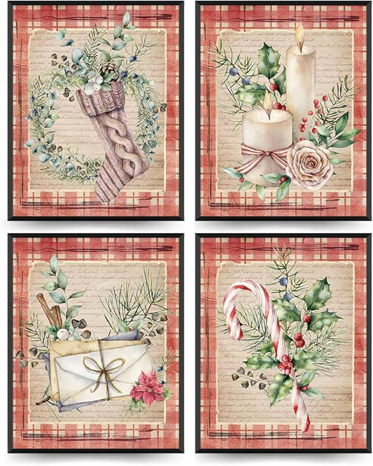 ETVISO Vintage Christmas Wall Art Prints Set of 4, Red Christmas Decor, Retro Christmas Garland Poster, Winter Holidays Gift Print Decor for Gallery Living Room Bathroom, 8x10 (Unframed)