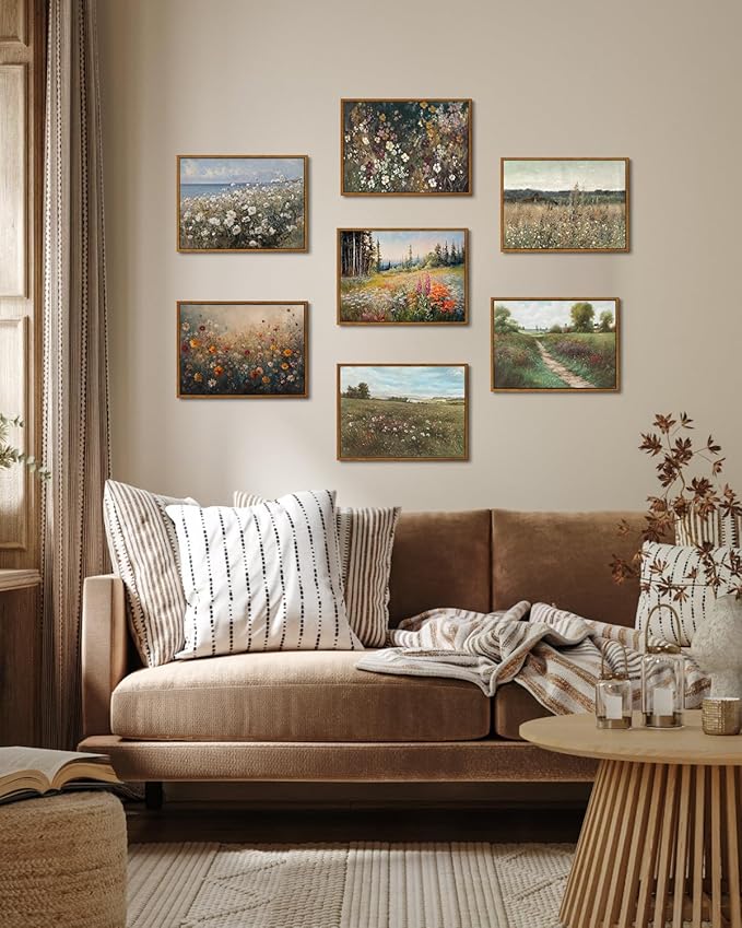 KISSFOX Vintage Framed Wall Art Mountain Meadow Wildflower Landscape Colorful Canvas Art Nature Serene Countryside Paintings Artwork Farmhouse Rustic Art Prints For Bedroom Bathroom Living Room