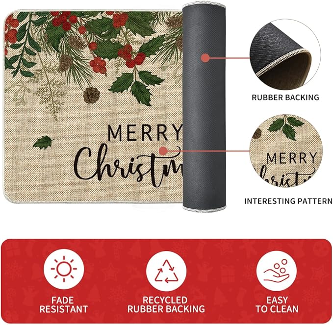 Artoid Mode Leaves Holly Merry Christmas Kitchen Mats Set of 2, Winter Home Decor Low-Profile Kitchen Rugs for Floor - 24x35 and 24x59 Inch