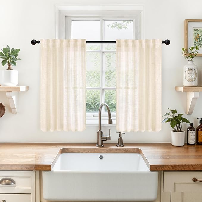 YoungsTex Linen Curtains 36 Inch Length for Kitchen Cafe, Light Filtering Half Window Drapes with Rod Pocket Back Tab for Small Window Over Sink, Champagne, 2 Panels, 34 X 36 Inch