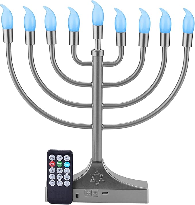 Electric Hanukkah Menorah,RGB Led Menorahs for Chanukah Decoration,Color Changing with Remote Control & Push-Button to Choose The Day and Timer Options Battery/USB Powered,Silver