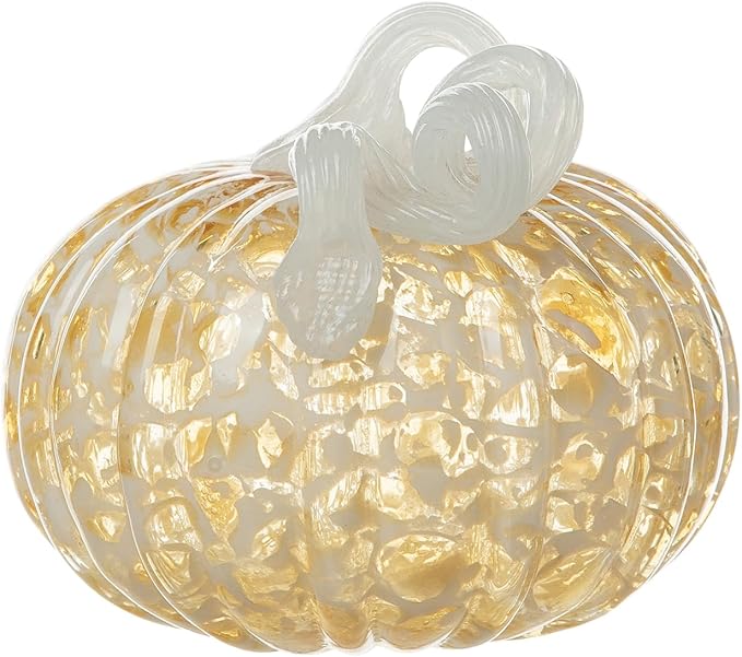 Glitzhome Glass Pumpkin Figurines Table Accent for Fall & Harvest, 6" D Fall Amber Dots Round Glass Pumpkin Halloween Pumpkin Art Decorations for Home Thanksgiving