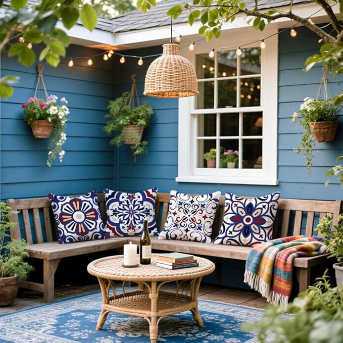 Cirzone Outdoor Pillow Covers 18x18 Set of 4 Morden Blue Geometric Patterns Waterproof Throw Outdoor Pillows Boho Decorations for Funiture Patio Garden Home