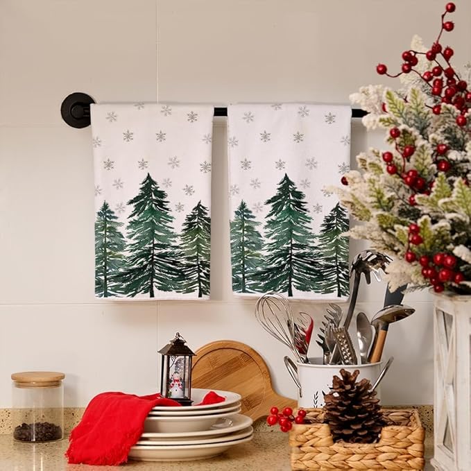 ARKENY Christmas Kitchen Towels Set of 2,Green Xmas Tree Snowflake Dish Towels 18x26 Inch Drying Dishcloth,Farmhouse Nobel Home Decoration AD140