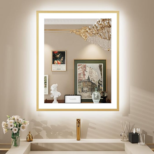 24x32 LED Bathroom Mirror with Gold Frame, Backlit and Front Lighted Bathroom Mirrors for Wall, Anti-Fog, Dimmable, Memory, Shatterproof, LED Vanity Mirror for Bathroom(Horizontal/Vertical)