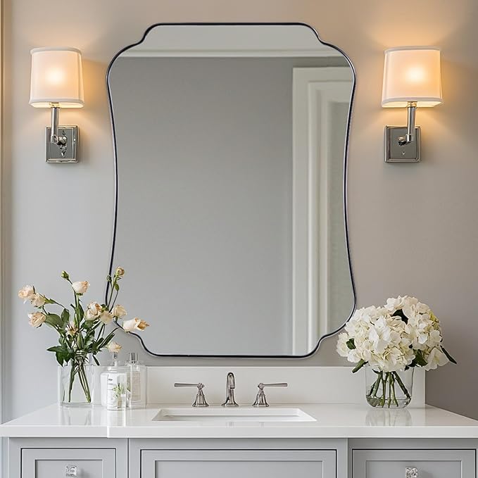 ANDY STAR 30"x40" Chrome Bathroom Mirror, Decorative Scalloped Shape Wall Mirror with Stainless Steel Frame, Modern Wave-Edge Design for Vanity, Hallway, Lounge Decor
