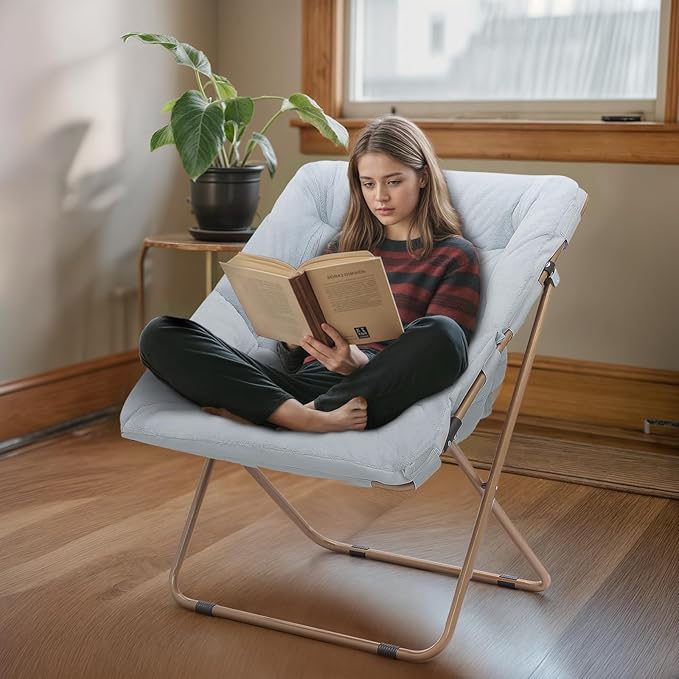 Athena Collection Saucer Chair for Adult, Square Comfy Cozy Chair Folding Chair Faux Fur Metal Frame Foldable Reading Chair Accent Chair for Bed Room Living Room Set of 2, Blue